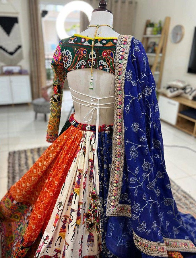 Multicolor printed and mirror work gujarati garba navratri lehenga chaniya choli