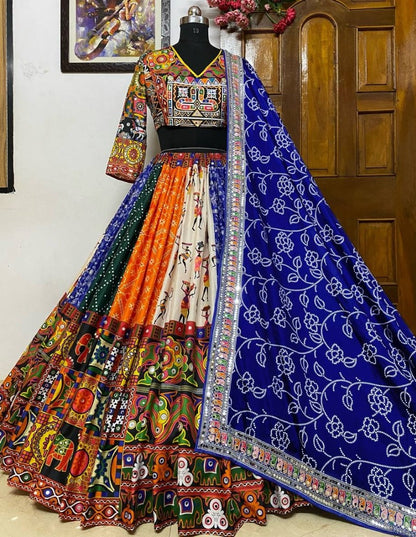 Multicolor printed and mirror work gujarati garba navratri lehenga chaniya choli