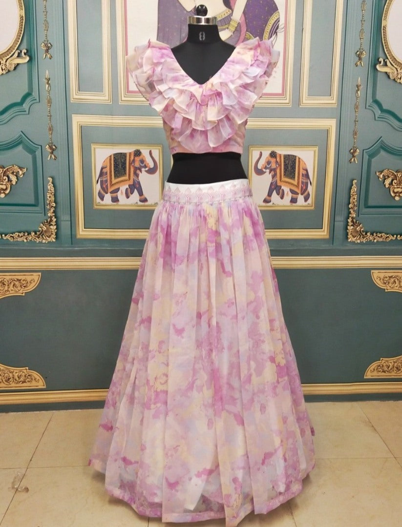 Multicolor printed georgette crop top lehenga