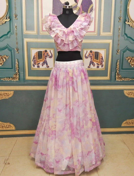 Multicolor printed georgette crop top lehenga
