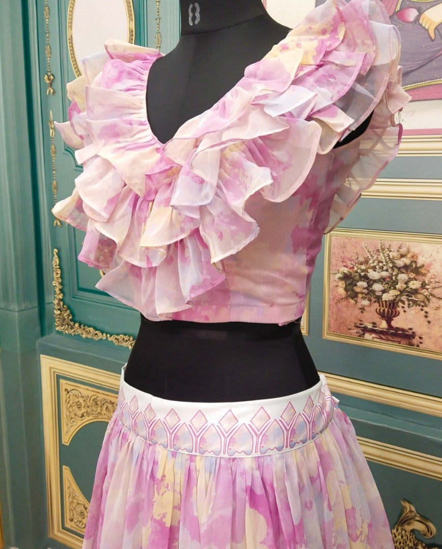 Multicolor printed georgette crop top lehenga