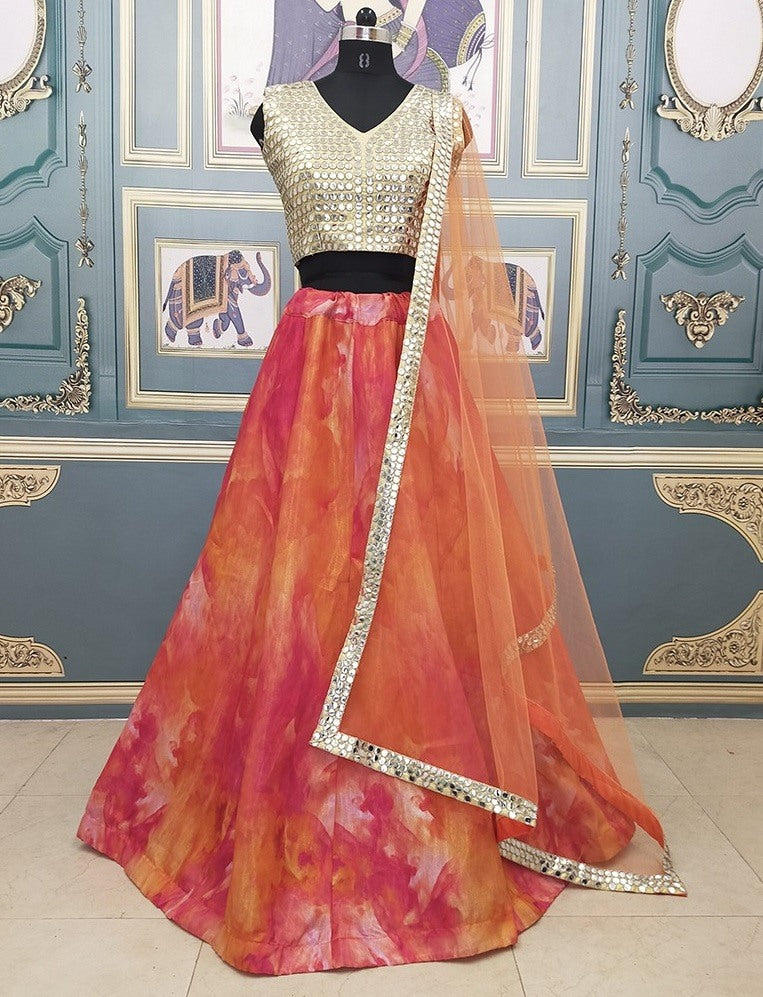 Multicolor printed heavy slub silk shibori printed lehenga choli