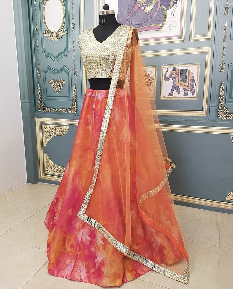 Multicolor printed heavy slub silk shibori printed lehenga choli