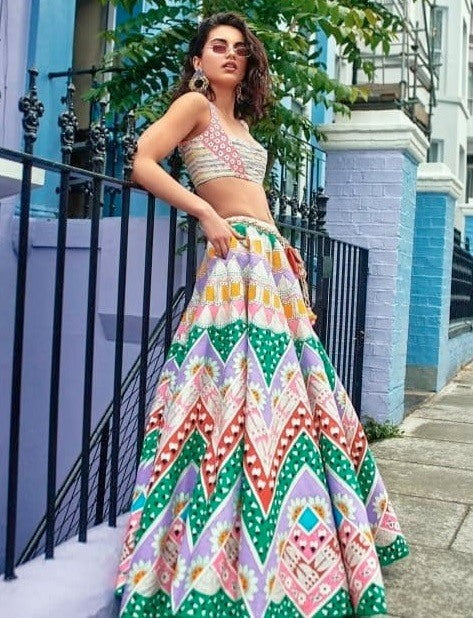 Multicolor printed italian silk stylist lehenga choli