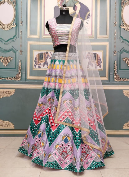 Multicolor printed italian silk stylist lehenga choli
