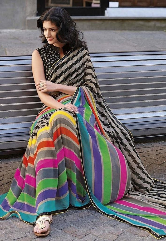 Multicolor printed strip georgette saree
