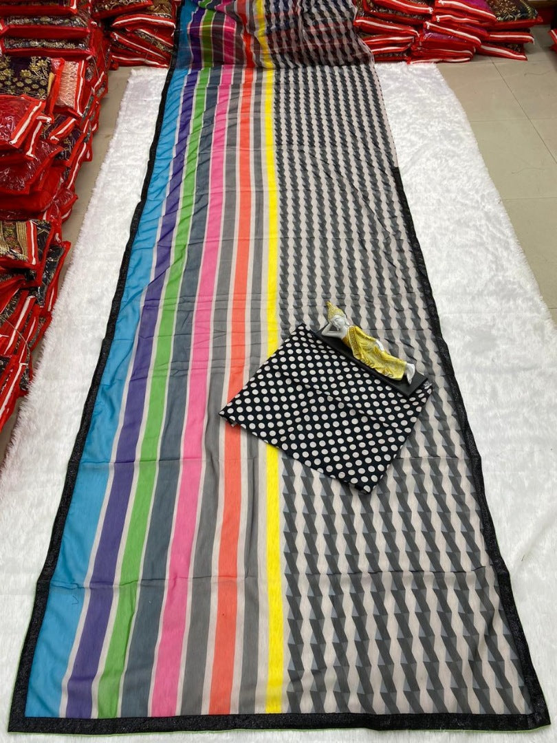 Multicolor printed strip georgette saree