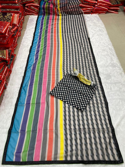 Multicolor printed strip georgette saree