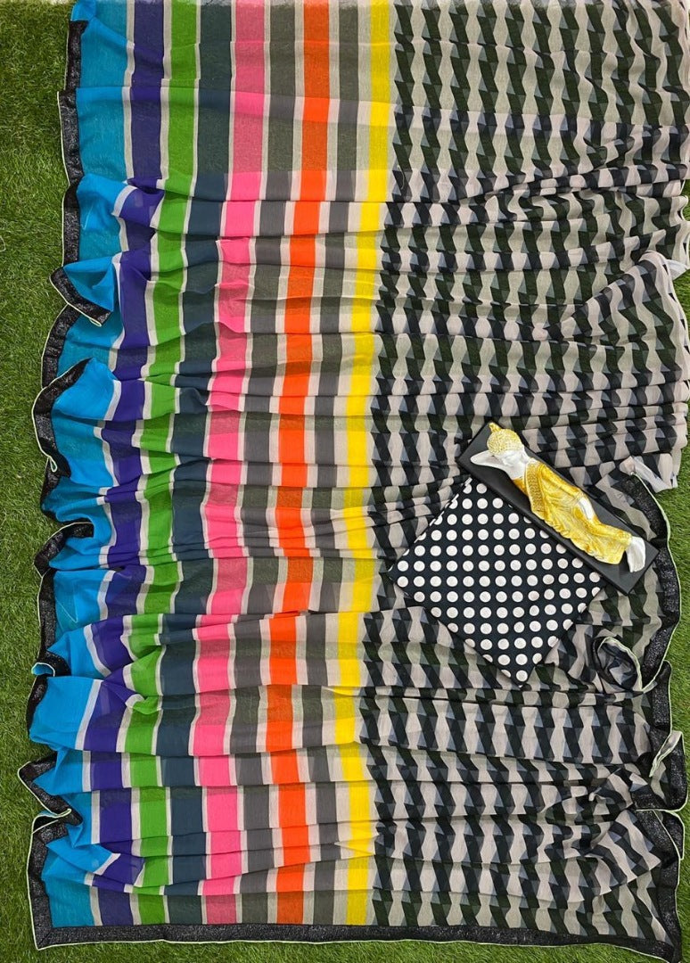 Multicolor printed strip georgette saree