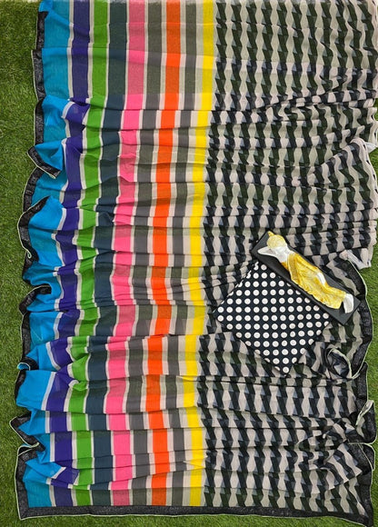 Multicolor printed strip georgette saree