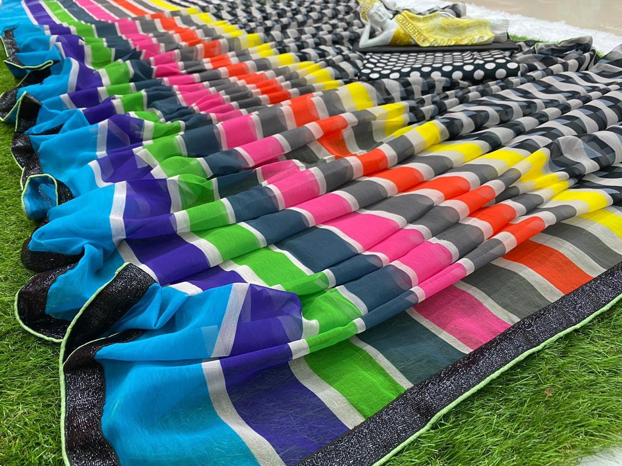 Multicolor printed strip georgette saree