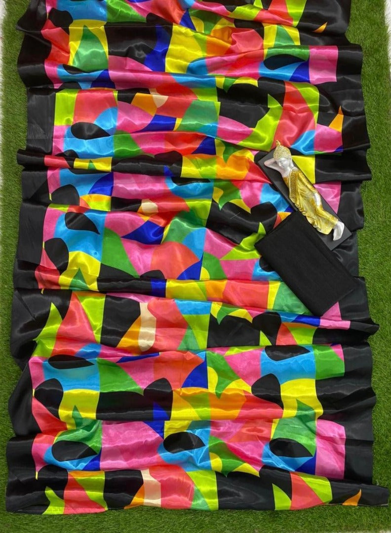 Multicolor printed ultra satin fancy saree