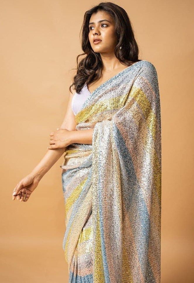 Multicolor rangoli silk printed and heavy sequence work saree