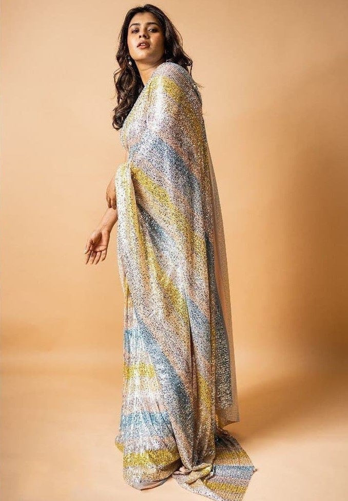 Multicolor rangoli silk printed and heavy sequence work saree