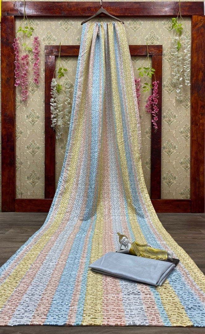 Multicolor rangoli silk printed and heavy sequence work saree