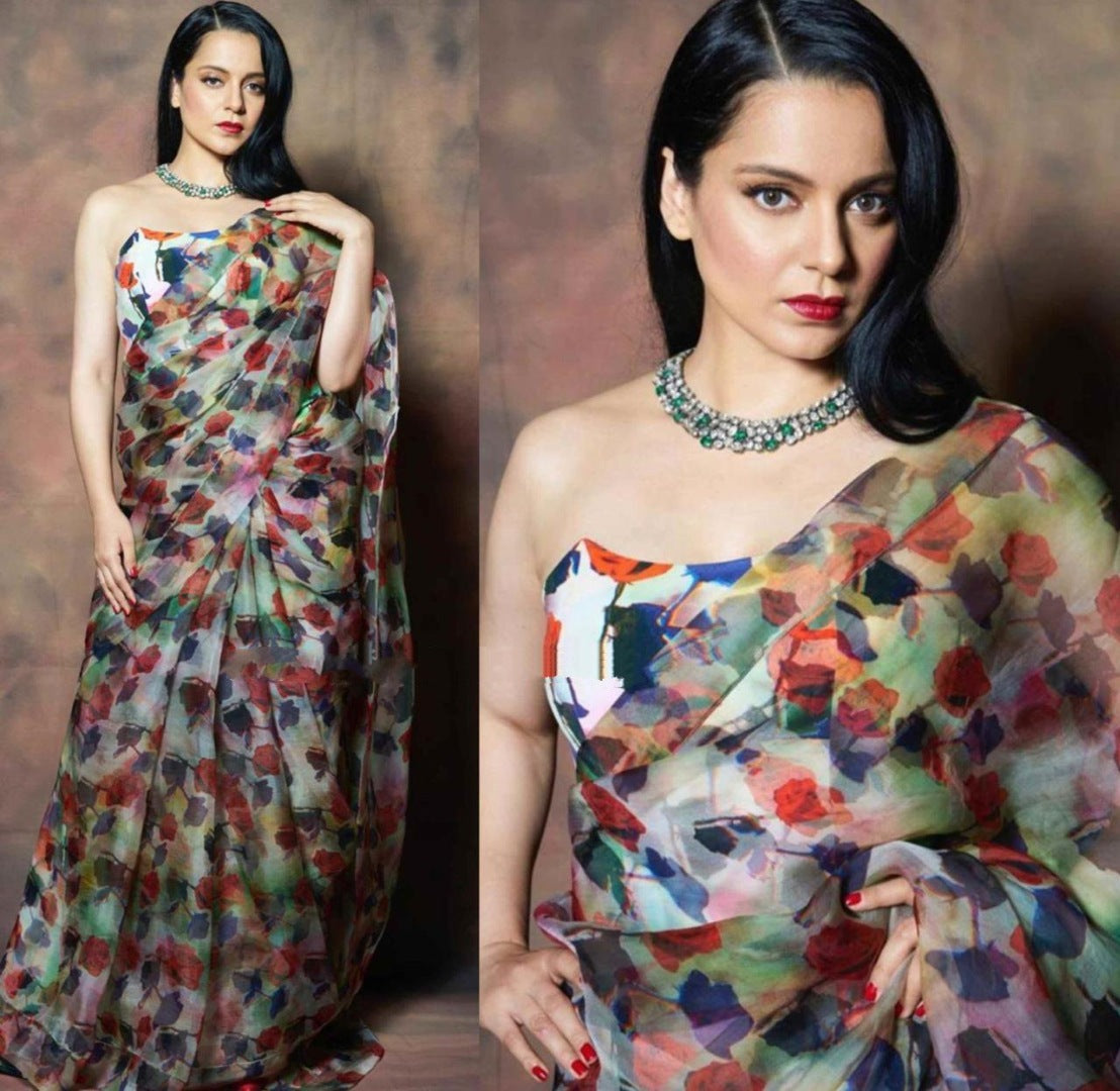 Multicolor rose flower printed designer organza saree