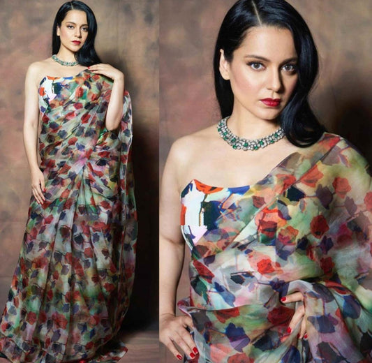 Multicolor rose flower printed designer organza saree