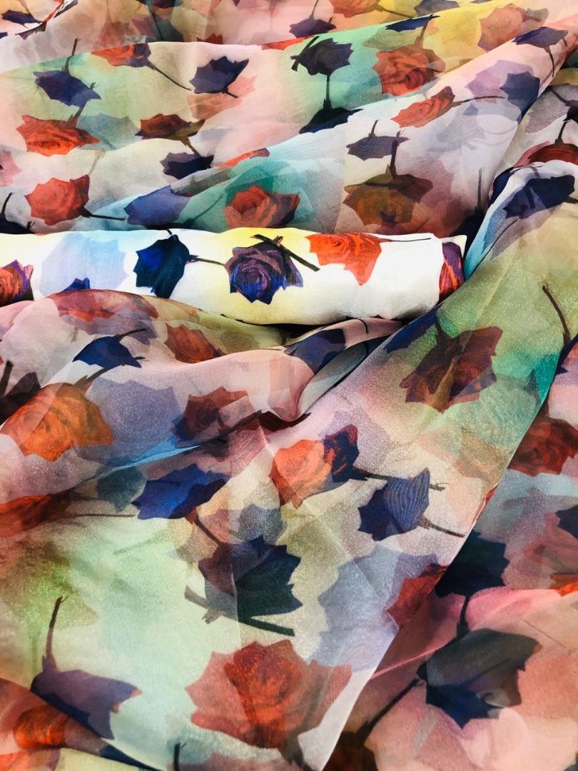 Multicolor rose flower printed designer organza saree