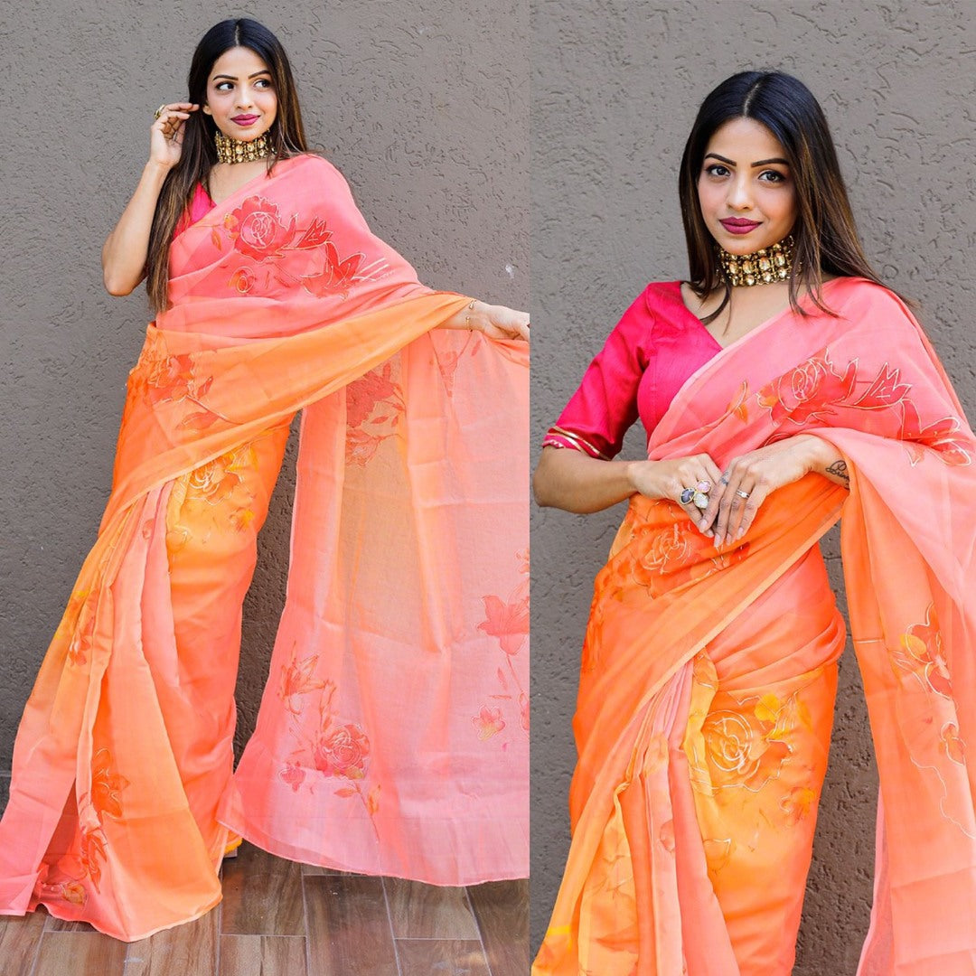 Multicolor shaded floral and foil print organza saree