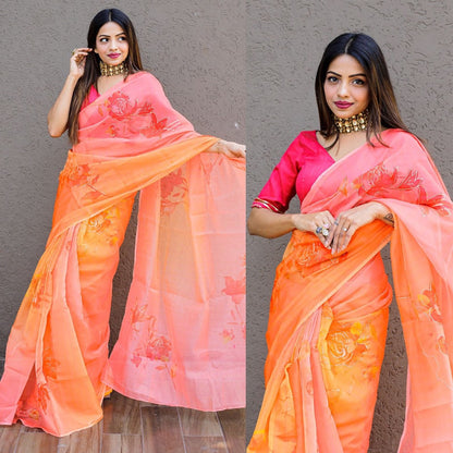 Multicolor shaded floral and foil print organza saree