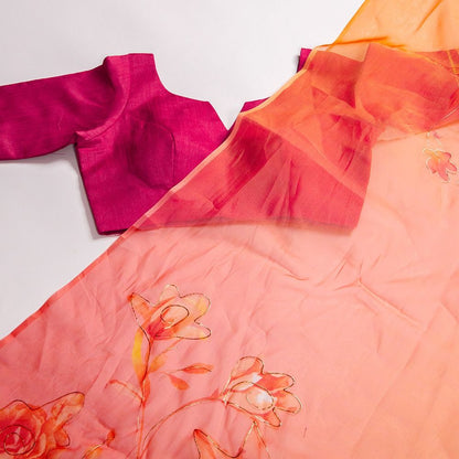 Multicolor shaded floral and foil print organza saree