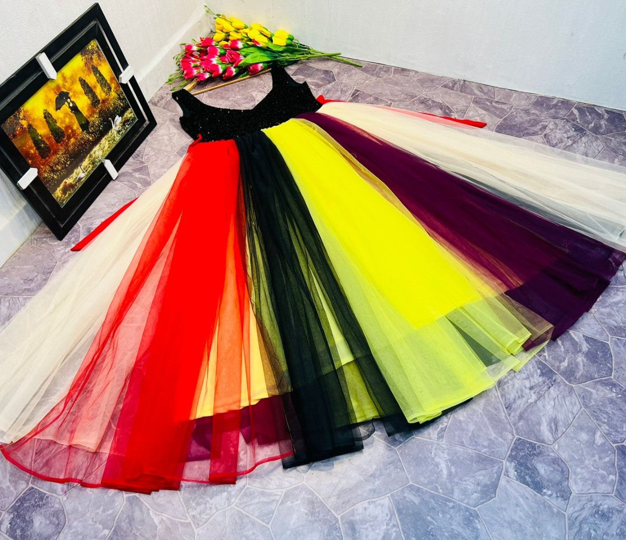 Multicolor soft net umbrella flair partywear gown