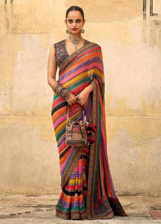 Multicolor strip chinon silk designer wedding saree