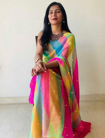 Multicolor strip printed moss chiffon stylist saree