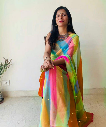 Multicolor strip printed moss chiffon stylist saree