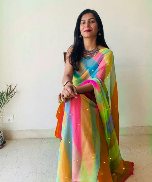 Multicolor strip printed moss chiffon stylist saree