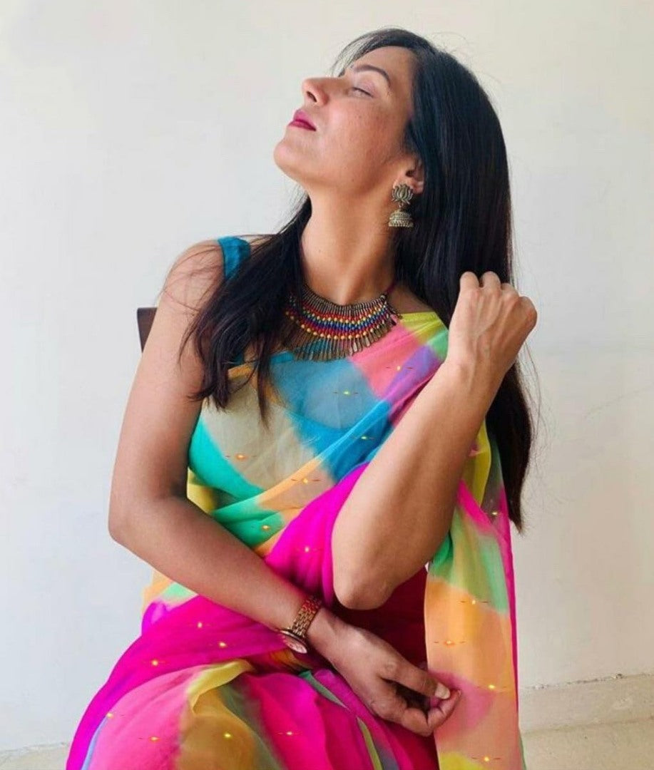 Multicolor strip printed moss chiffon stylist saree