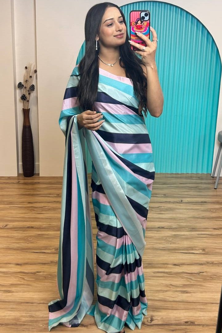 Multicolor strip printed ready to wear saree