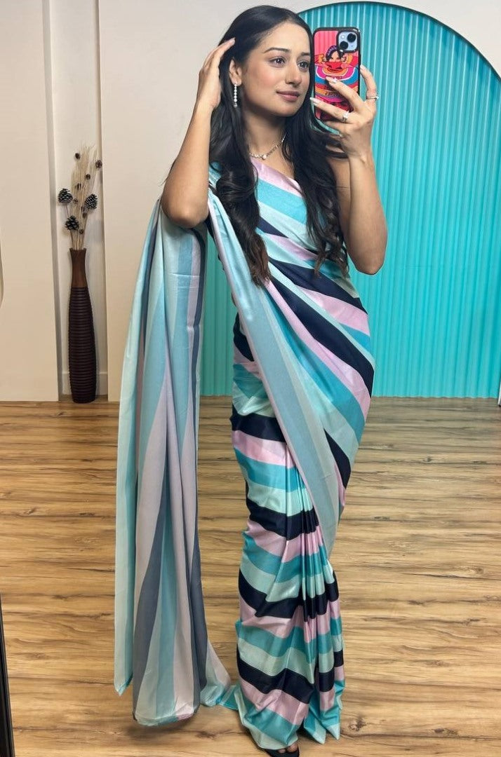 Multicolor strip printed ready to wear saree