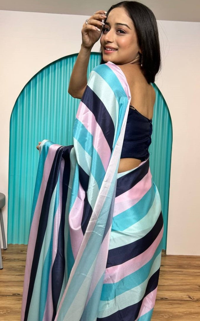 Multicolor strip printed ready to wear saree