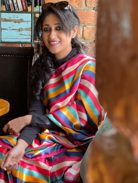 Multicolor stripe printed fancy party wear saree