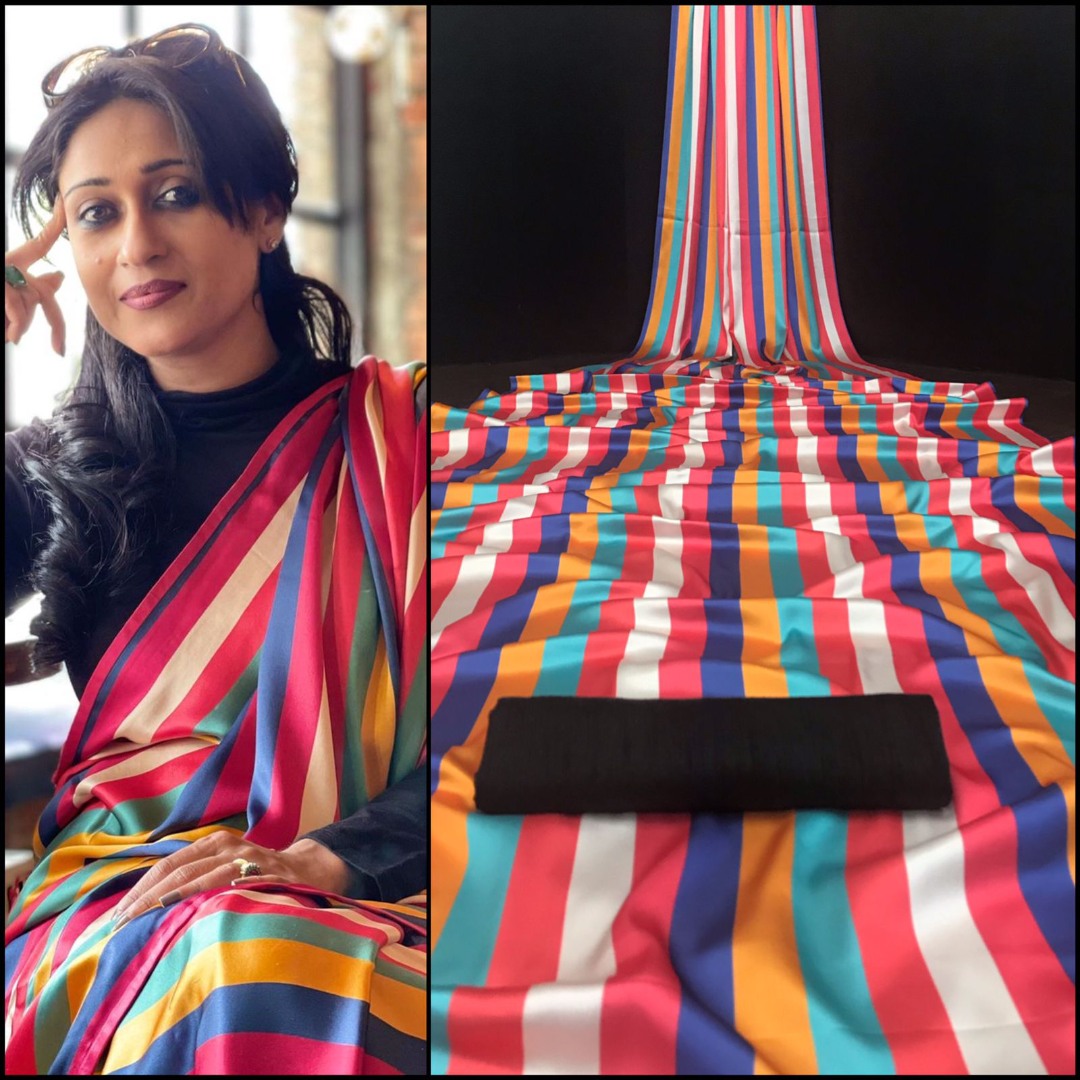 Multicolor stripe printed fancy party wear saree