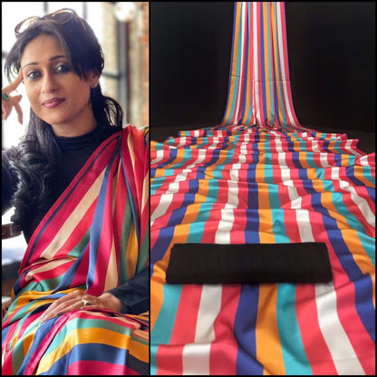 Multicolor stripe printed fancy party wear saree