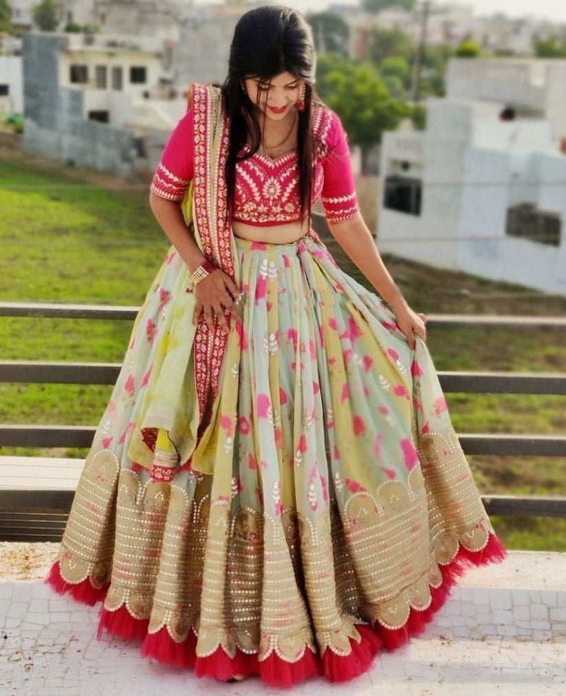 Multicolor tapeta silk print and embroidery work wedding lehenga choli