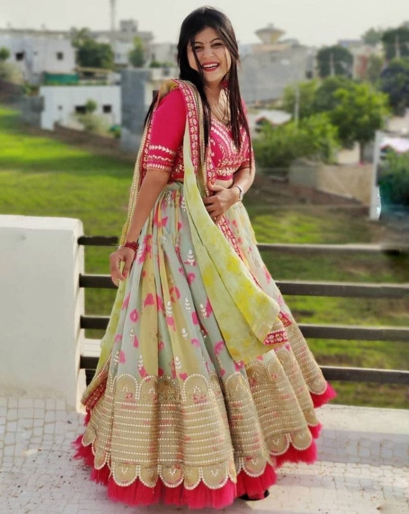 Multicolor tapeta silk print and embroidery work wedding lehenga choli