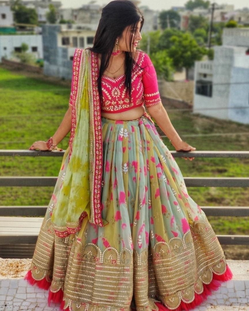 Multicolor tapeta silk print and embroidery work wedding lehenga choli