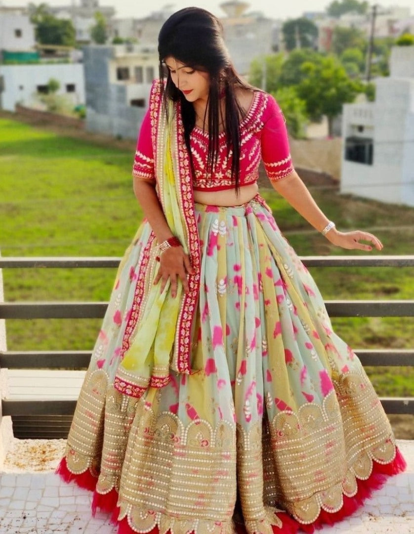Multicolor tapeta silk print and embroidery work wedding lehenga choli