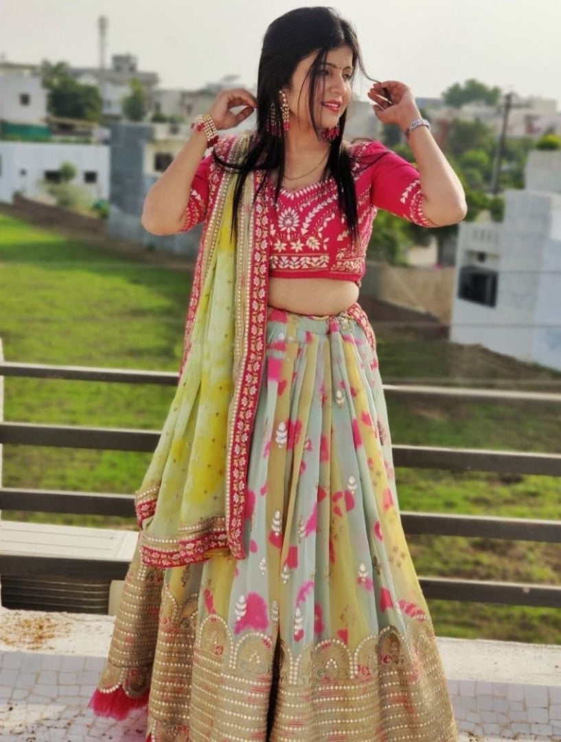 Multicolor tapeta silk print and embroidery work wedding lehenga choli