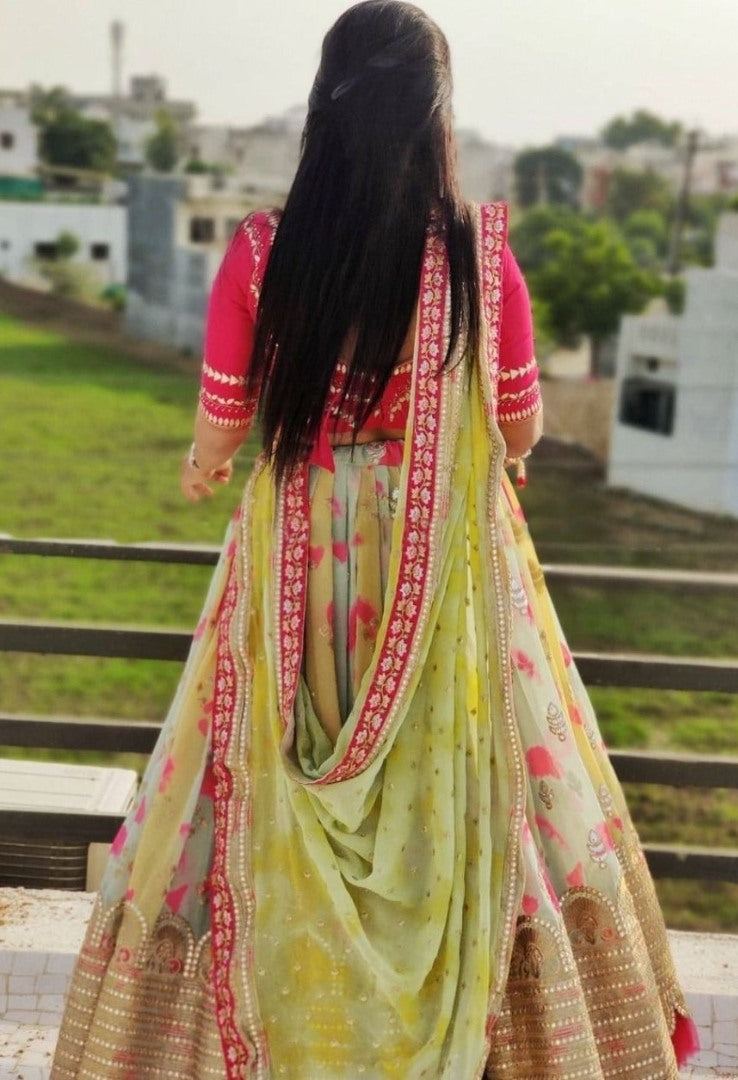 Multicolor tapeta silk print and embroidery work wedding lehenga choli