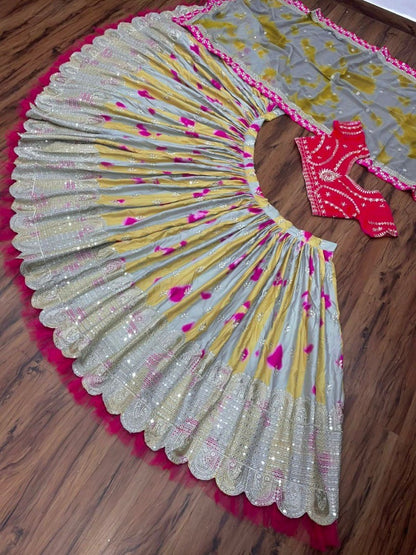 Multicolor tapeta silk print and embroidery work wedding lehenga choli