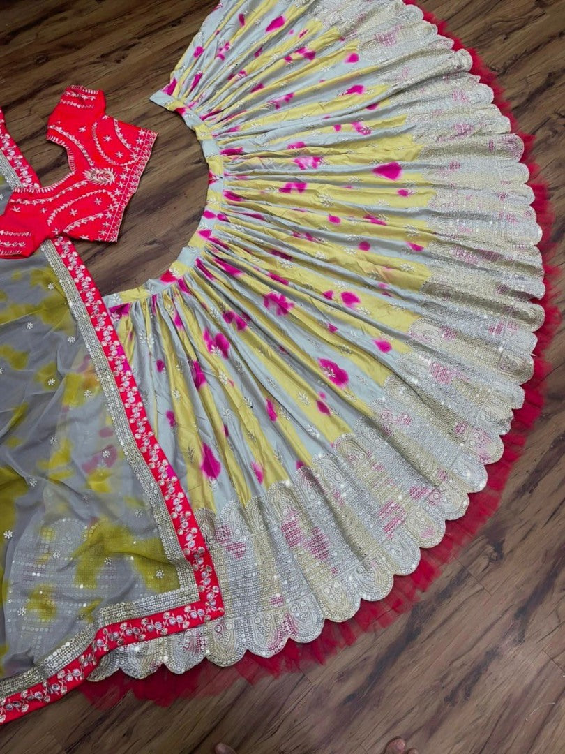 Multicolor tapeta silk print and embroidery work wedding lehenga choli