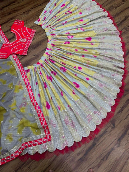 Multicolor tapeta silk print and embroidery work wedding lehenga choli