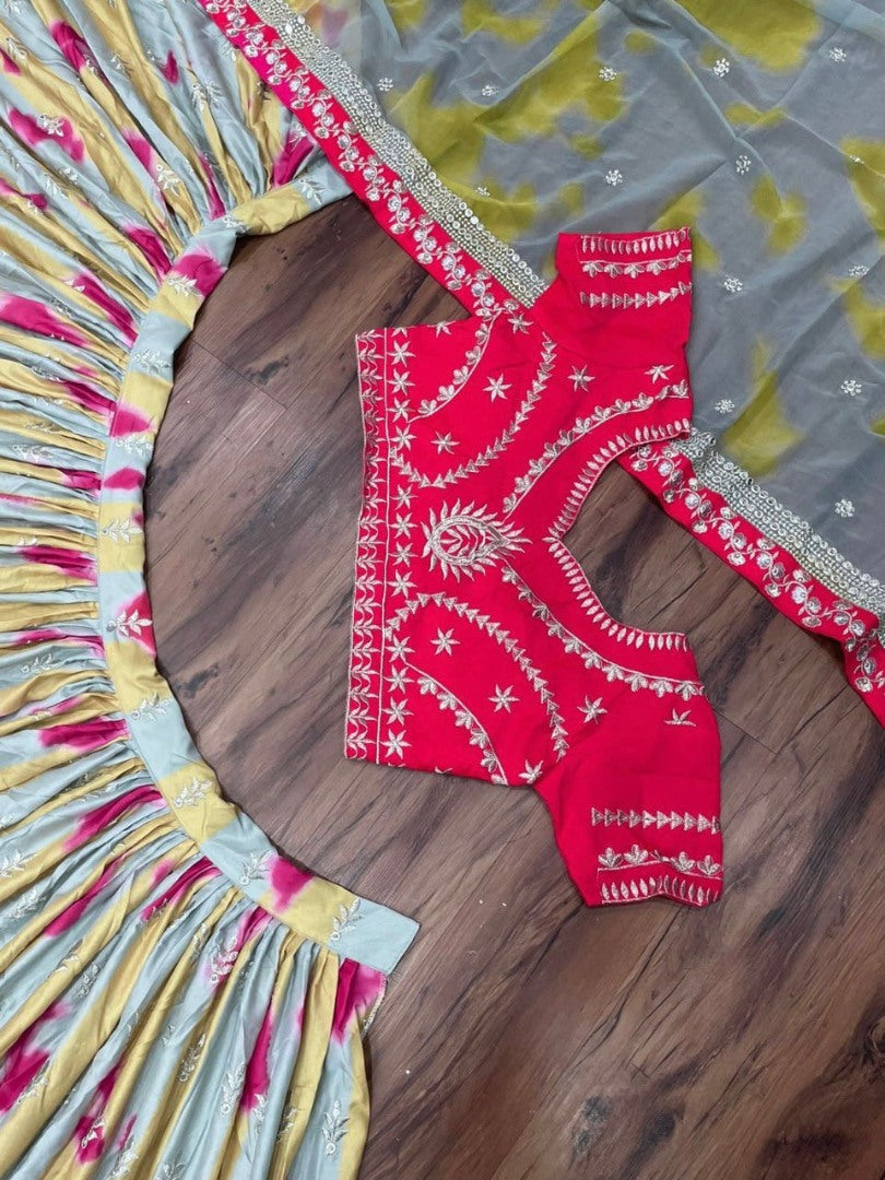 Multicolor tapeta silk print and embroidery work wedding lehenga choli