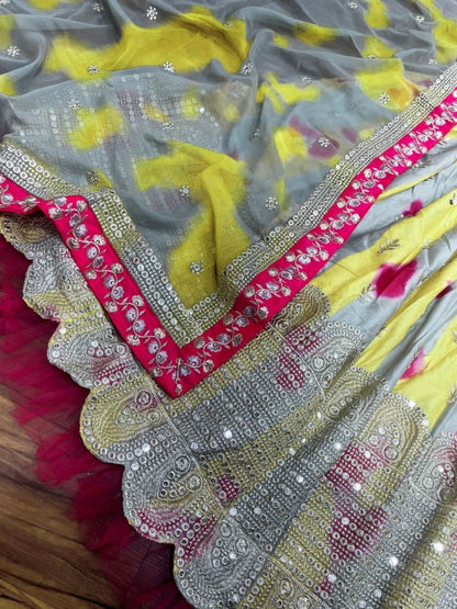 Multicolor tapeta silk print and embroidery work wedding lehenga choli