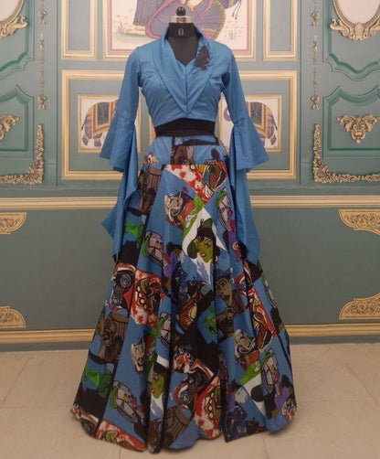 Multicolor twill digital printed crop top lehenga