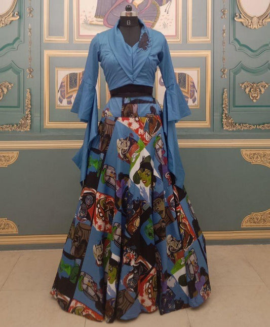 Multicolor twill digital printed crop top lehenga